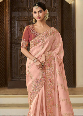 Peach Spun Pure Silk Saree With Blouse Piece