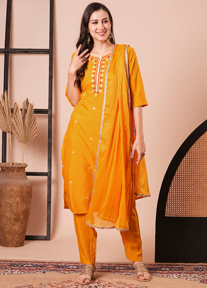 3 Pc Orange Readymade Rayon Dupatta Suit Set