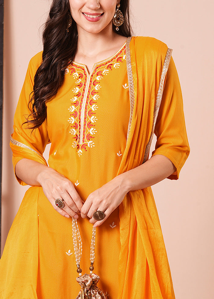 3 Pc Orange Readymade Rayon Dupatta Suit Set