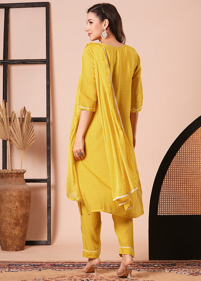 3 Pc Yellow Readymade Viscose Dupatta Suit Set