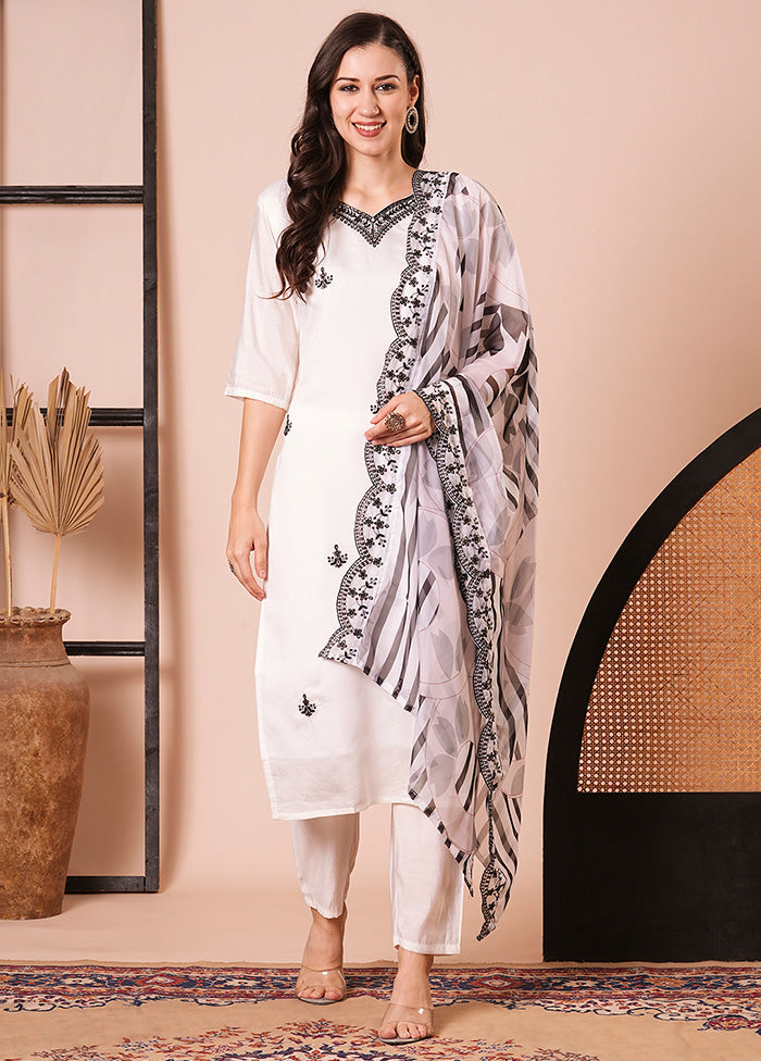 3 Pc White Readymade Chanderi Dupatta Suit Set