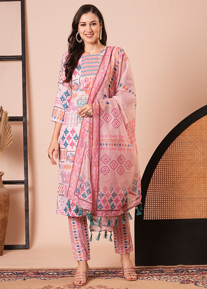 3 Pc Pink Readymade Cotton Dupatta Suit Set