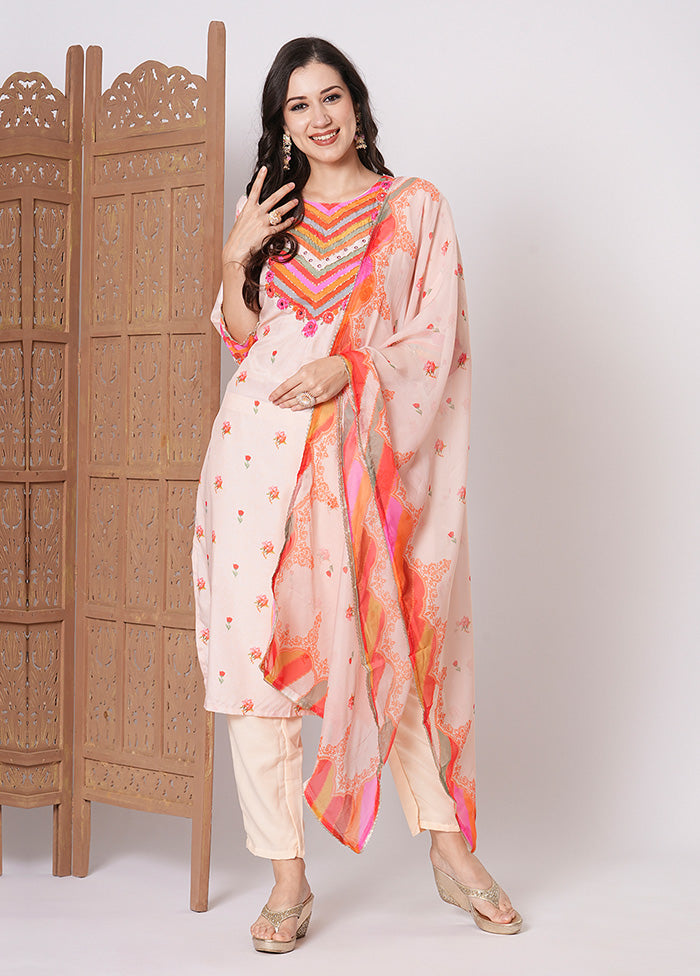 3 Pc Peach Readymade Silk Dupatta Suit Set