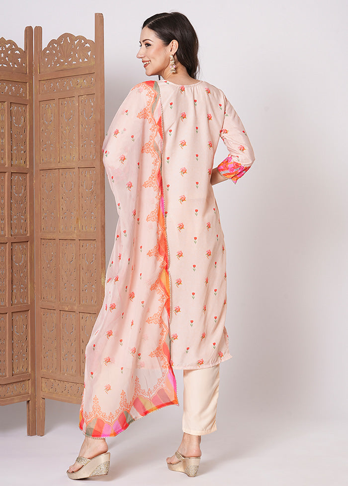 3 Pc Peach Readymade Silk Dupatta Suit Set