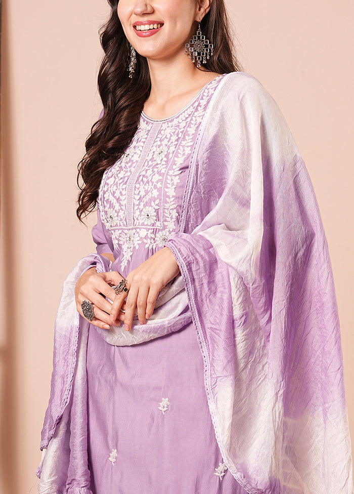 3 Pc Purple Readymade Chanderi Dupatta Suit Set