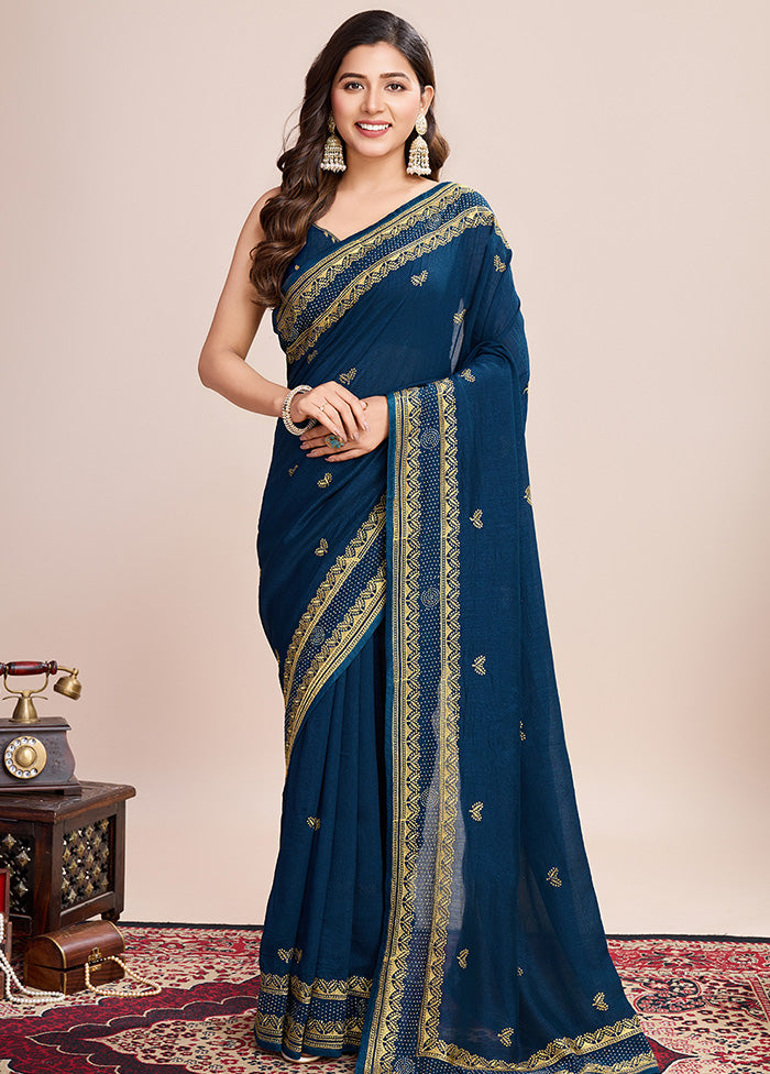 Teal Blue Spun Silk Saree With Blouse Piece