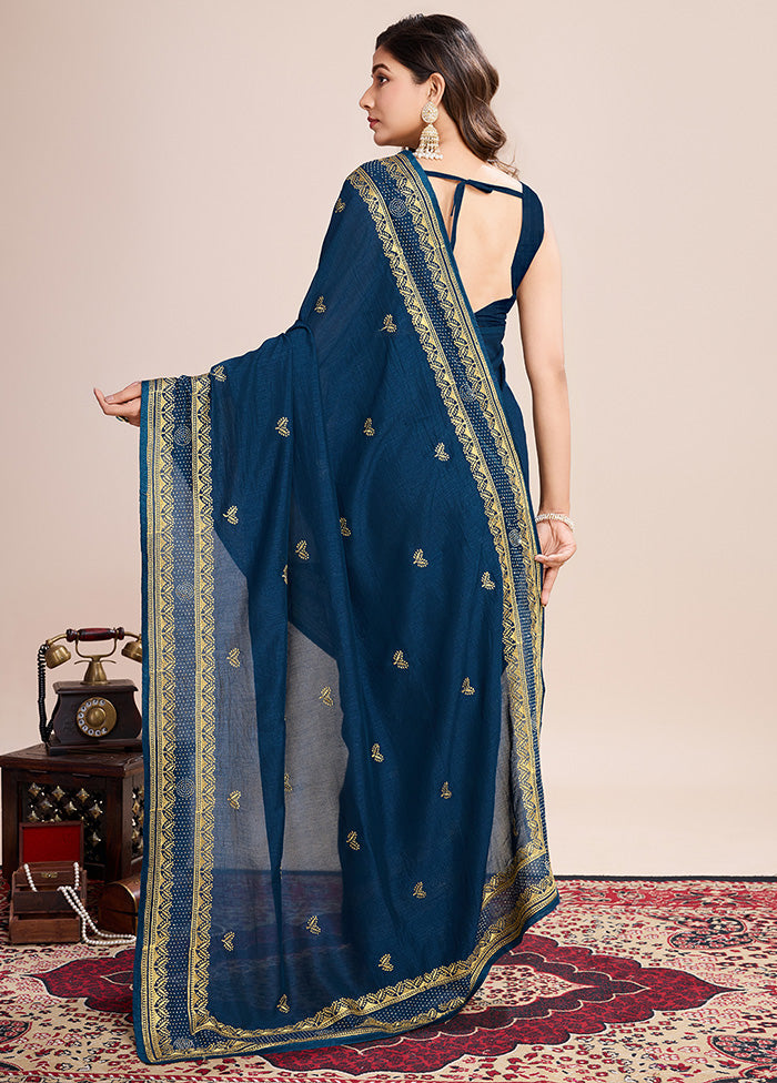 Teal Blue Spun Silk Saree With Blouse Piece