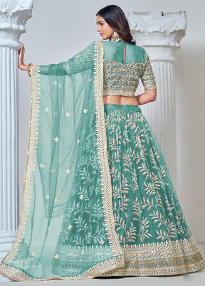 3 Pc Green Net Semi Stitched Lehenga Set