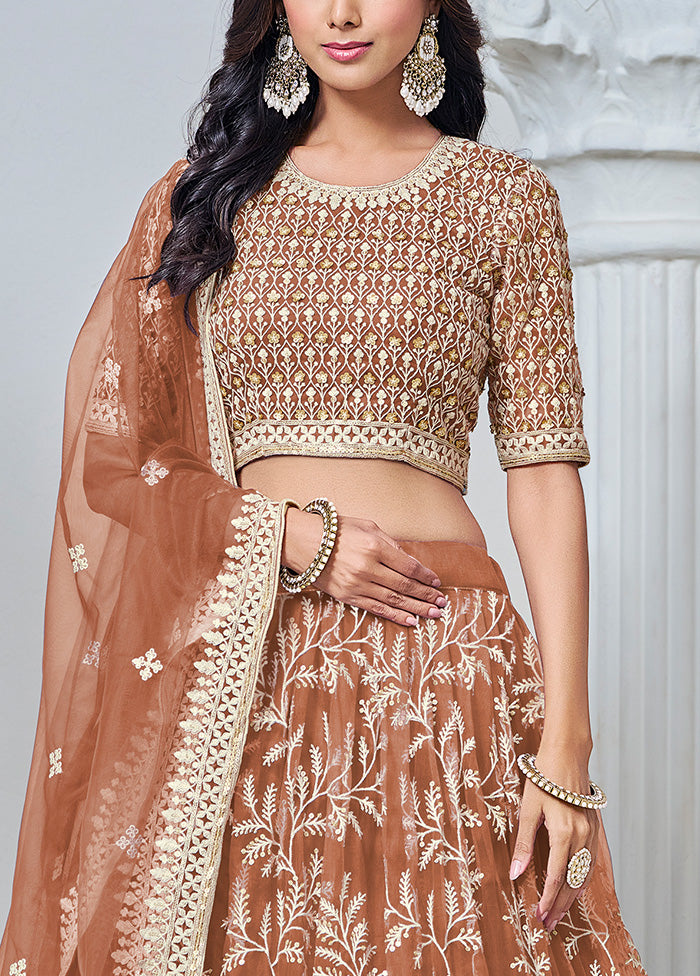 3 Pc Brown Net Semi Stitched Lehenga Set