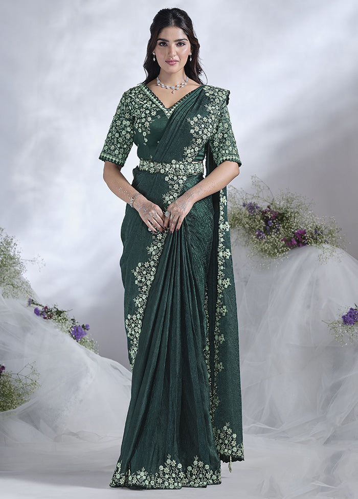 Green Satin Silk Saree With Blouse Piece