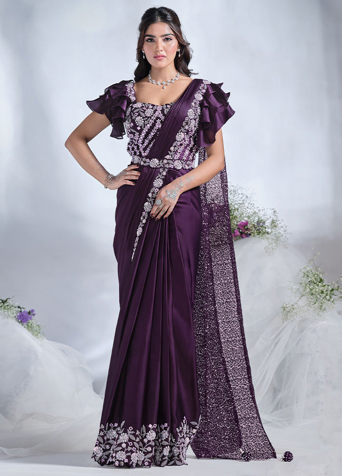 Purple Crepe Silk Saree With Blouse Piece