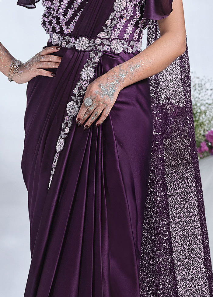 Purple Crepe Silk Saree With Blouse Piece