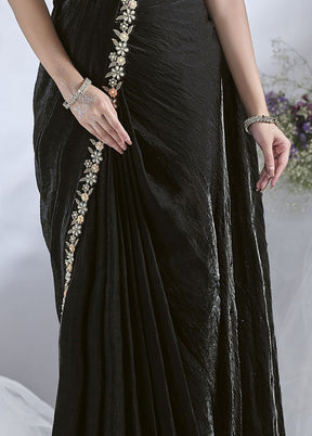 Black Satin Silk Saree With Blouse Piece