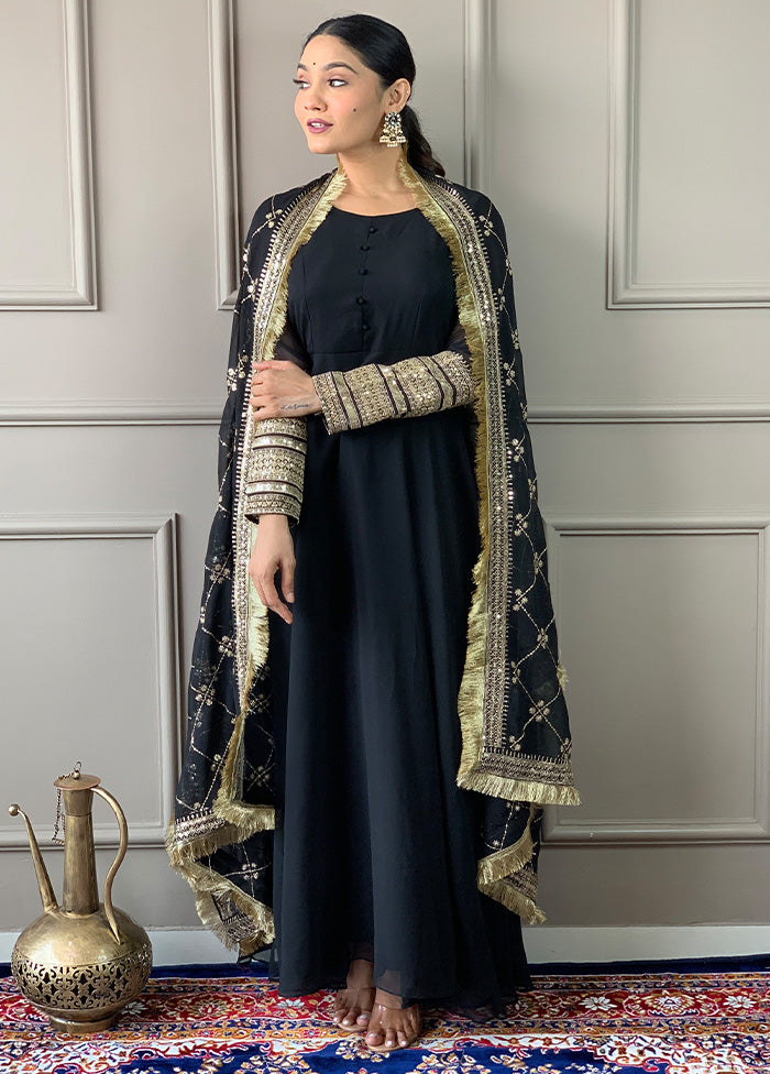 3 Pc Black Readymade Georgette Dupatta Suit Set