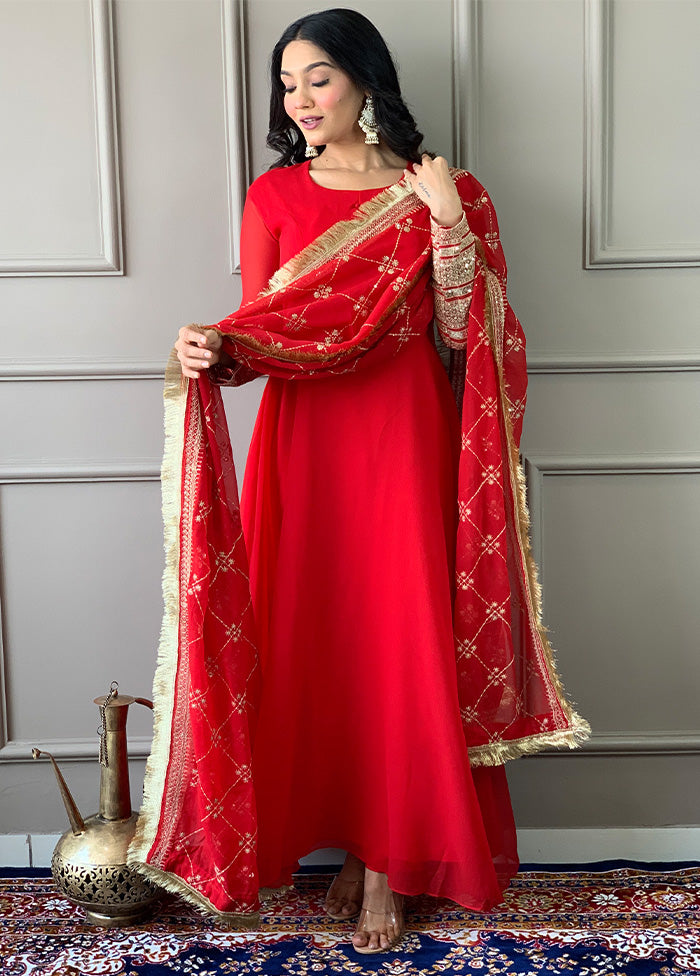 3 Pc Red Readymade Georgette Dupatta Suit Set