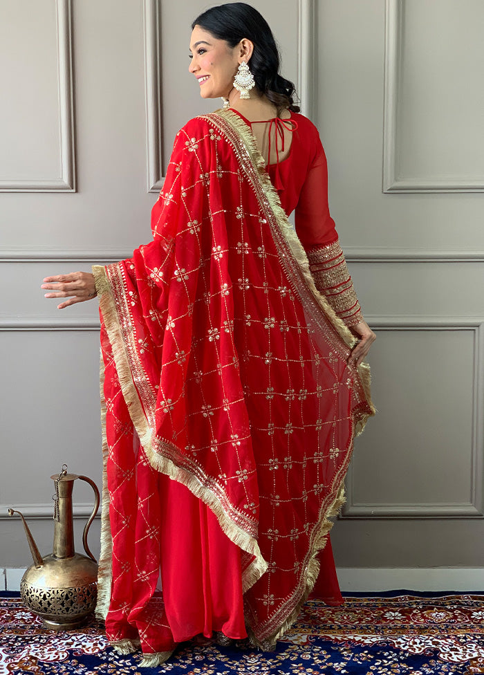 3 Pc Red Readymade Georgette Dupatta Suit Set