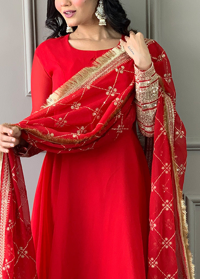 3 Pc Red Readymade Georgette Dupatta Suit Set