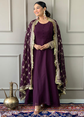 3 Pc Wine Readymade Georgette Dupatta Suit Set