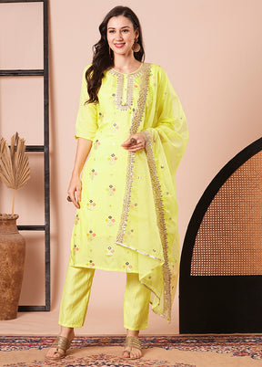 3 Pc Yellow Readymade Viscose Dupatta Suit Set