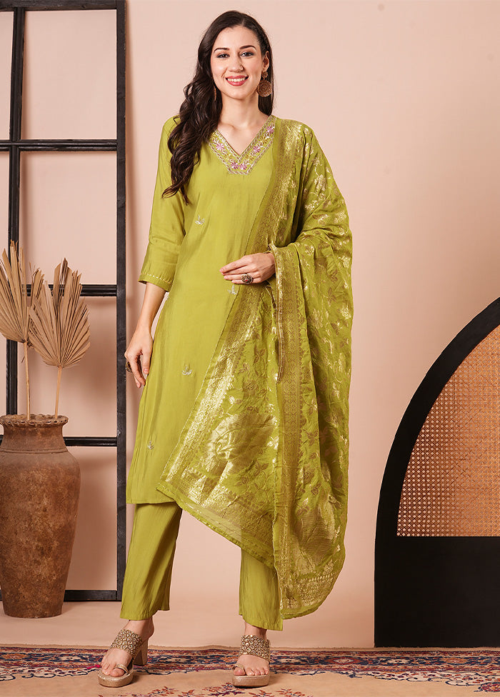 3 Pc Green Readymade Chanderi Dupatta Suit Set