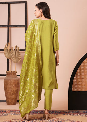 3 Pc Green Readymade Chanderi Dupatta Suit Set