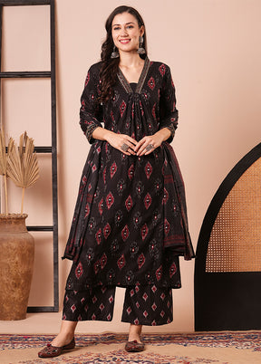 3 Pc Black Readymade Cotton Dupatta Suit Set