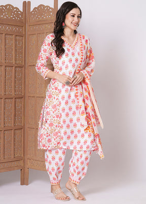 3 Pc Pink Readymade Cotton Dupatta Suit Set