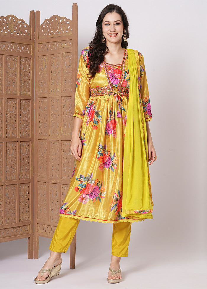 3 Pc Yellow Readymade Silk Dupatta Suit Set