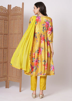 3 Pc Yellow Readymade Silk Dupatta Suit Set