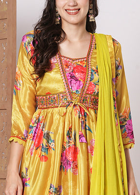 3 Pc Yellow Readymade Silk Dupatta Suit Set