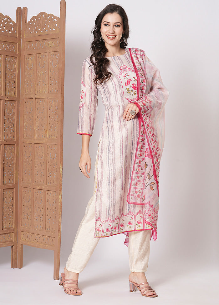 3 Pc White Readymade Silk Dupatta Suit Set