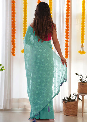 Sea Green Satin Silk Saree With Blouse Piece