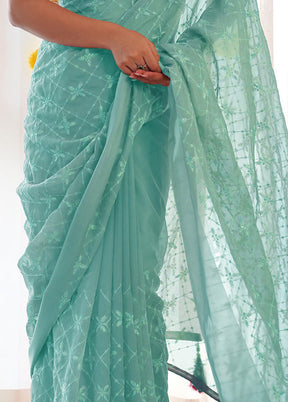 Sea Green Satin Silk Saree With Blouse Piece