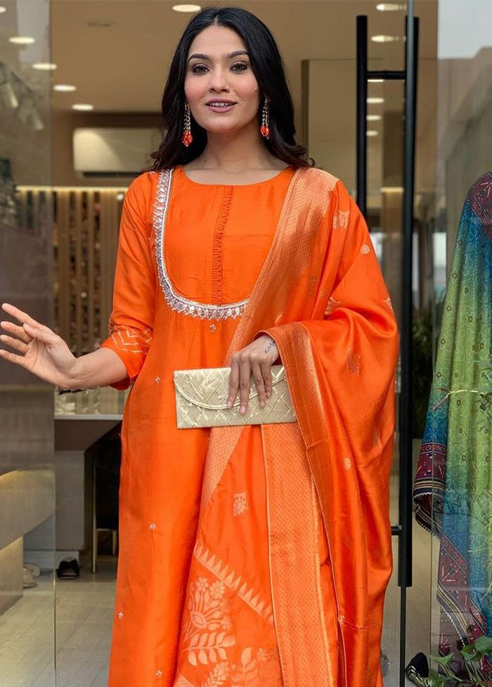 3 Pc Orange Readymade Viscose Dupatta Suit Set