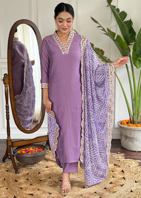 3 Pc Purple Readymade Viscose Dupatta Suit Set