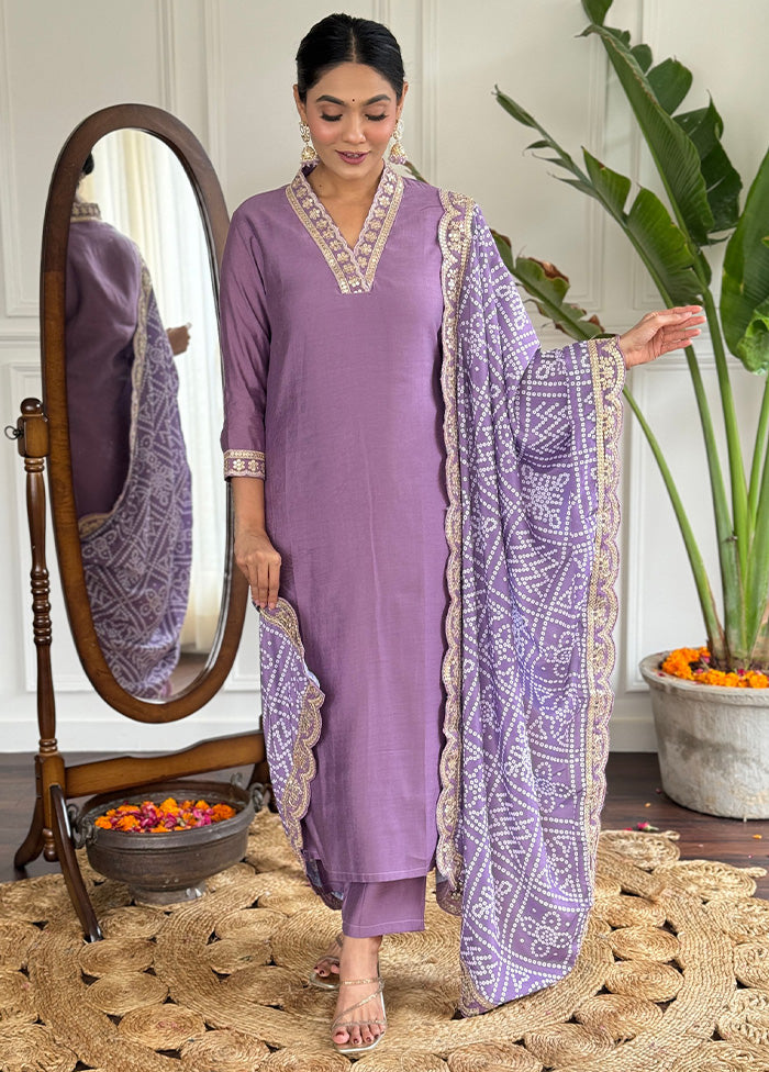 3 Pc Purple Readymade Viscose Dupatta Suit Set