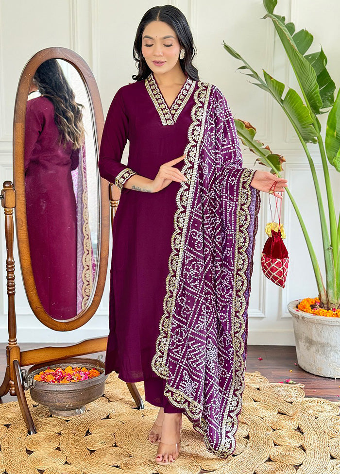 3 Pc Wine Readymade Viscose Dupatta Suit Set