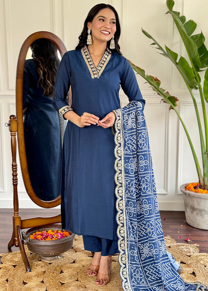 3 Pc Blue Readymade Viscose Dupatta Suit Set