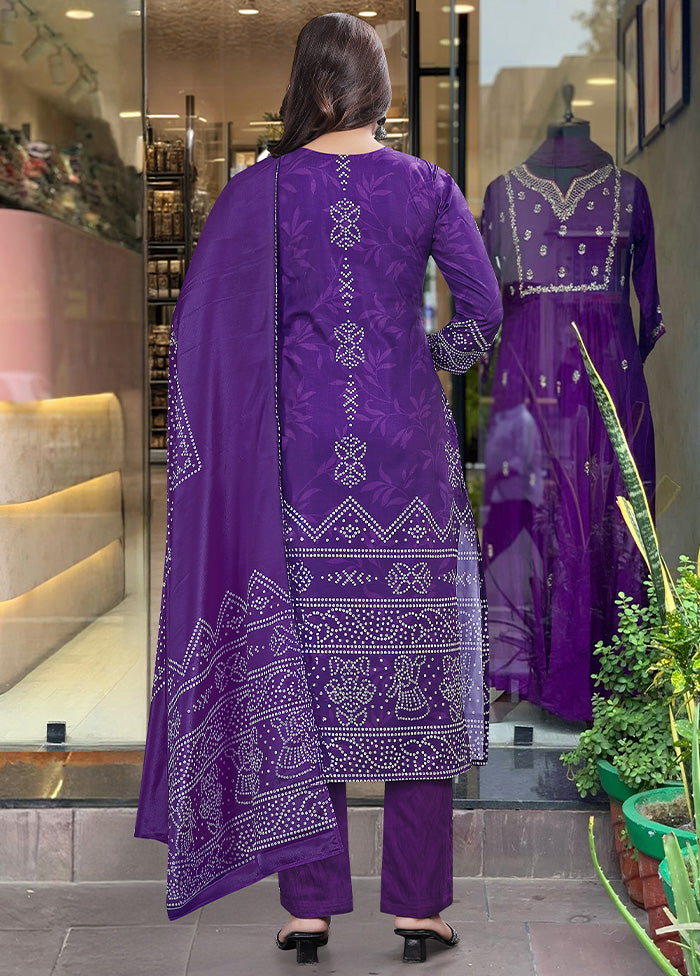 3 Pc Purple Readymade Silk Dupatta Suit Set