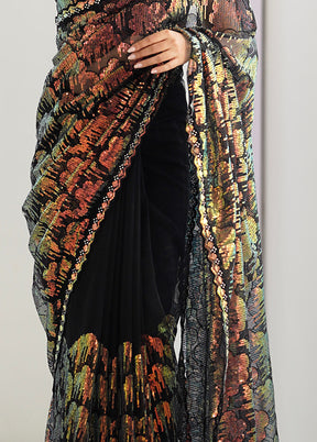 Black Net Net Saree With Blouse Piece