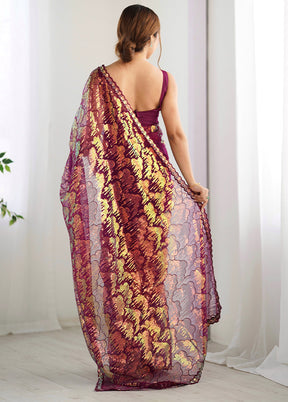 Wine Net Net Saree With Blouse Piece