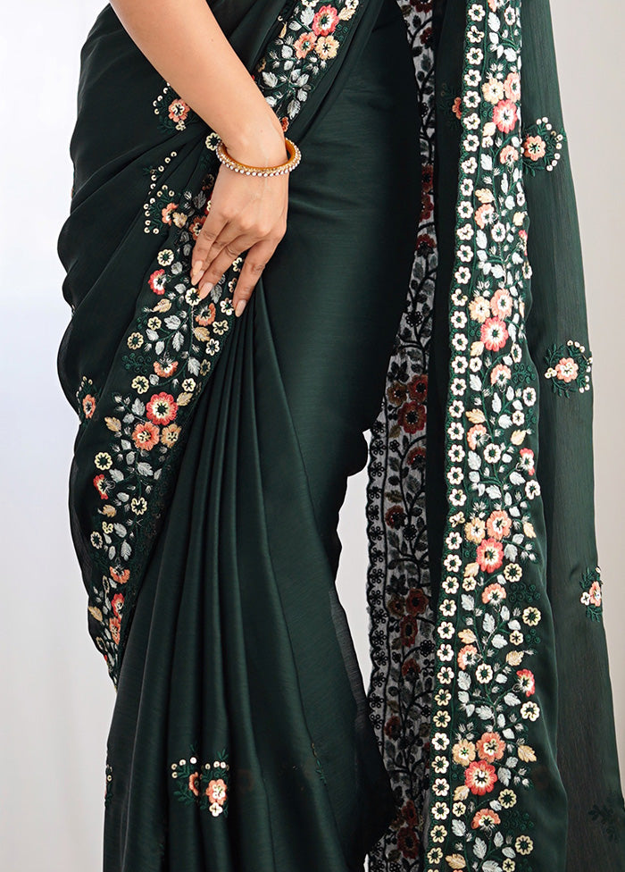 Green Satin Silk Saree With Blouse Piece