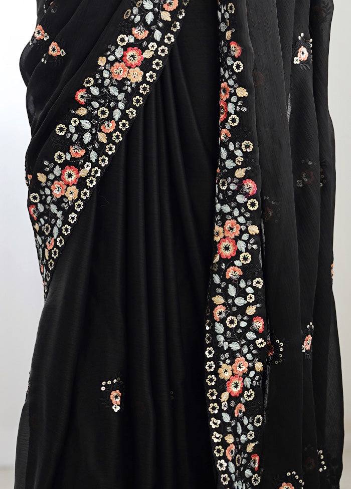 Black Satin Silk Saree With Blouse Piece