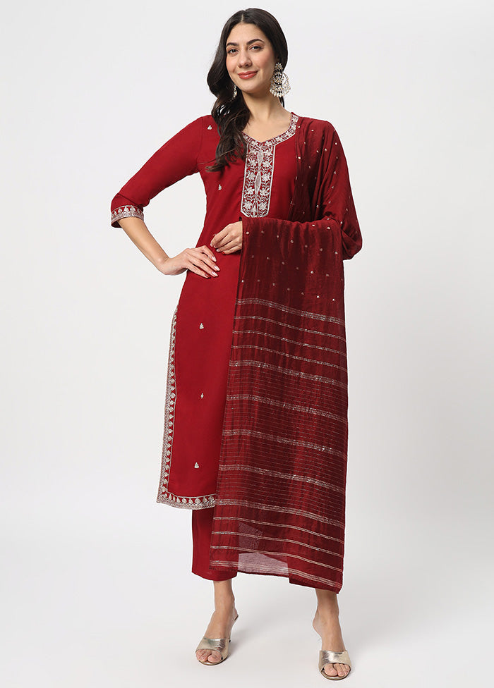 3 Pc Maroon Readymade Cotton Dupatta Suit Set