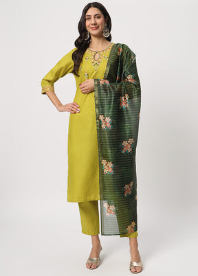 3 Pc Green Readymade Cotton Dupatta Suit Set