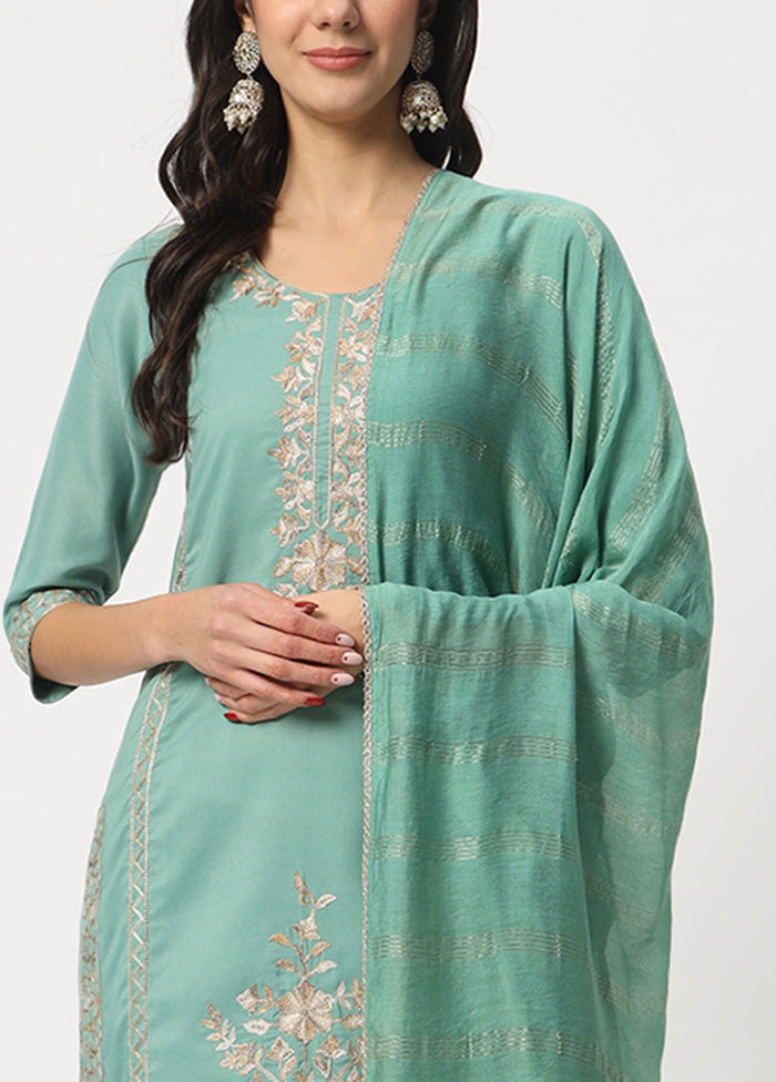 3 Pc Sea Green Readymade Cotton Dupatta Suit Set