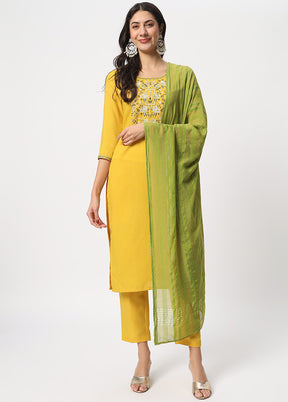 3 Pc Yellow Readymade Cotton Dupatta Suit Set