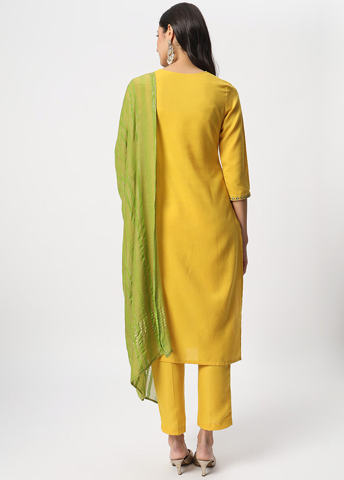 3 Pc Yellow Readymade Cotton Dupatta Suit Set