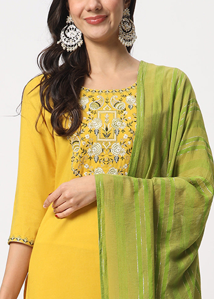 3 Pc Yellow Readymade Cotton Dupatta Suit Set