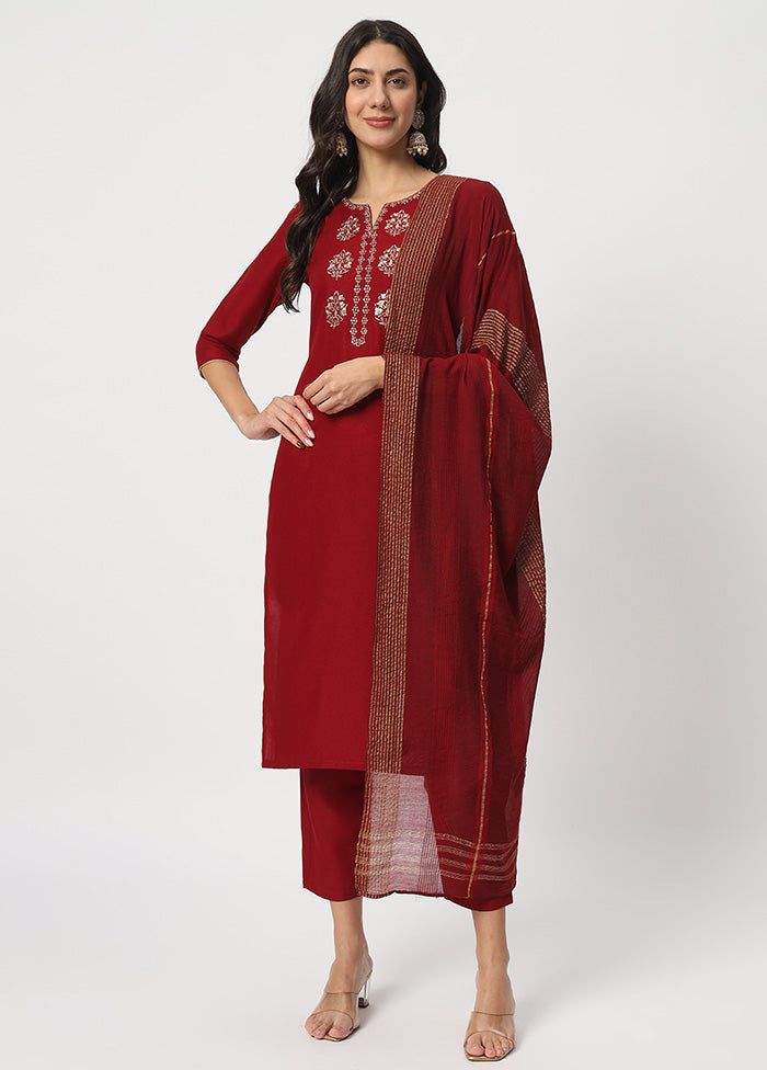 3 Pc Maroon Readymade Cotton Dupatta Suit Set